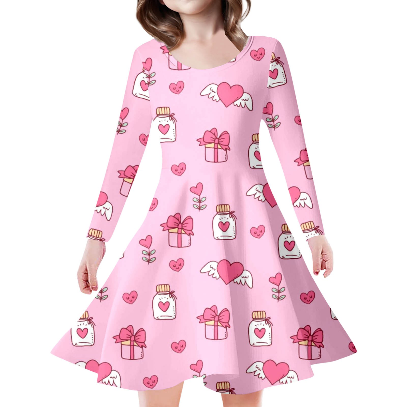 Gunia Valentines Day Dress For Baby Girls Bow Pink Heart Printed Long Sleeve Sweet Dress 8-9 Years